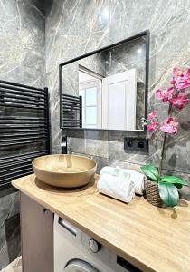 a bathroom with a sink and a mirror on a counter at Charming Apartment with Eiffel Tower View in Paris