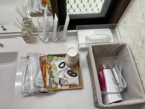 東京的住宿－松島雅居，一个带水槽和一盒物品的浴室台面