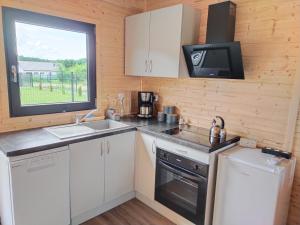 a kitchen with a sink and a microwave at Nowy Domek Pod Czereśniami in Wisełka