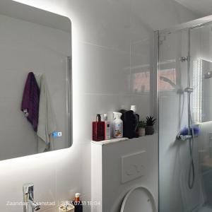 een witte badkamer met een douche en een toilet bij Double room in private home in Zaandam