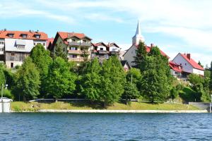 a town on the shore of a body of water at Madora - Studio Apartman for Two in Fužine, near the Lake in Fužine