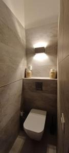 een badkamer met een toilet met een licht erboven bij Un cocon les pieds dans l'eau in Le Moule