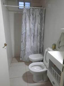 La salle de bains est pourvue de toilettes et d'un rideau de douche. dans l'établissement Finca La Chiqueta, à Albardón