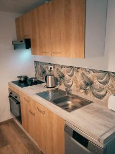 a kitchen with a sink and a stove at Cosy et moderne centre ville Gourin in Gourin