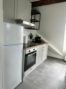 a kitchen with a white refrigerator and a stove at Ochsen-Durlach in Karlsruhe