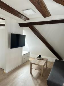 a living room with a couch and a table and a tv at Ochsen-Durlach in Karlsruhe