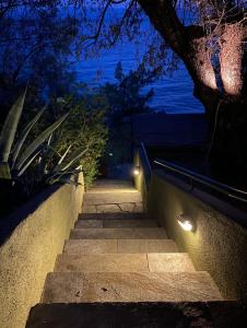 Una escalera con luces y un árbol por la noche en Sunset of Pelion, en Kato Gatzea