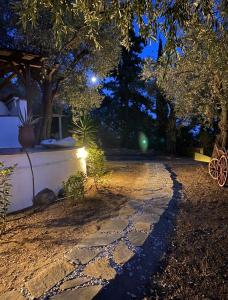 a cobblestone walkway in a garden at night at Sunset of Pelion in Kato Gatzea