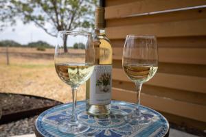 zwei Gläser Weißwein auf dem Tisch in der Unterkunft Cozy Casita! In Texas Famous 290 Winery Corridor! in Stonewall