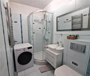 a bathroom with a shower and a toilet and a sink at Lato Nad Morzem II Gdańsk Brzeźno in Gdańsk