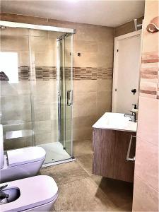 een badkamer met een douche, een toilet en een wastafel bij Estudio Urbanización Las Góndolas in Almuñécar