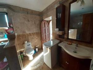 La salle de bains est pourvue d'un lavabo, de toilettes et d'un miroir. dans l'établissement Menedék - testnek és léleknek, 