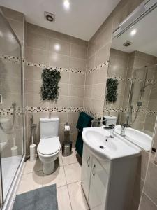 y baño con aseo, lavabo y ducha. en Bright & Spacious 1 bed steps from Hyde Park, en Londres