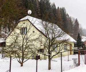 ein Haus mit einem schneebedeckten Dach mit einem Zaun in der Unterkunft Chalupa pod vysokou in Ludvíkov