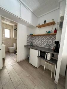 a kitchen with a sink and a counter with a microwave at Casa Durán Alicante in Alicante