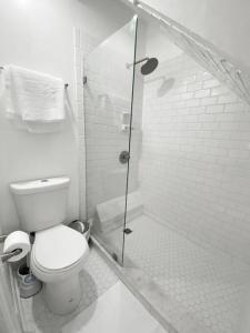 ein weißes Bad mit einem WC und einer Dusche in der Unterkunft Explore Downtown and Mount Adams with River Views in Cincinnati
