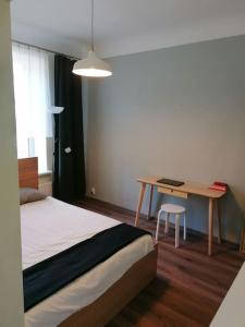 - une chambre avec un lit, une table et un bureau dans l'établissement romantic apartment, à Riga