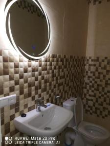 bagno con servizi igienici, lavandino e specchio di Appartement à louer wadie a Fnidek