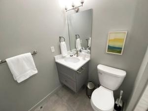 a bathroom with a white toilet and a sink at SWIZZLE Explore OTR and Downtown from Rhinegeist in Cincinnati +15 photos