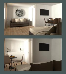 duas fotos de uma sala de estar com um sofá e uma mesa em Foiarola 