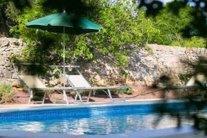 a table and chairs with an umbrella next to a pool at Masseria Trullo Sovrano Exclusive B&B in Cisternino