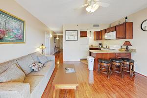 ein Wohnzimmer mit einem Sofa und einer Küche in der Unterkunft River View Suites 203 & 204 in Wilmington