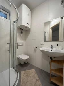 a white bathroom with a sink and a toilet at Franziskaner Suites #6 in Graz +17 photos