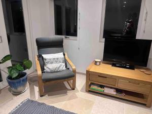 sala de estar con silla y TV de pantalla plana en Littlewood Cabin en Hatherleigh