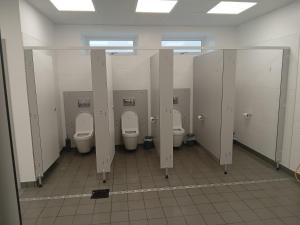 La salle de bains est pourvue d'une rangée de toilettes et de stalles. dans l'établissement The Homestead, à West Parley