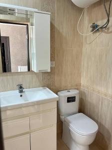 ein Badezimmer mit einem WC, einem Waschbecken und einem Spiegel in der Unterkunft Lakeside Villa Issyk Kul in Tscholponata