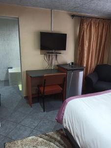 a bedroom with a desk with a bed and a television at Prison View Guesthouse 1 in Klerksdorp
