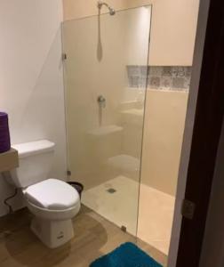 a bathroom with a toilet and a glass shower at Telchac Villa de 3 pisos con club playa in Telchac Puerto