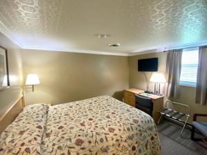 ein Hotelzimmer mit einem Bett, einem Schreibtisch und einem Fenster in der Unterkunft Greybull Motel in Greybull