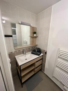 W łazience znajduje się umywalka i lustro. w obiekcie Le Central : Appartement cosy et calme w mieście Saint-Germain-de-Joux