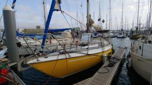 a yellow and white boat is docked at a dock at El barquito de arrecife in Arrecife