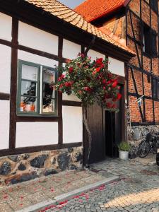 un edificio con una cesta colgante de flores rojas en Litet gathus mitt i Ystad, en Ystad