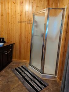 a shower with a glass door in a bathroom at Sundance Country Lodge B&B in Marlboro