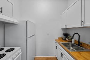 辛辛那提Cozy 1BR Near Zoo, UC, OTR, Downtown的带水槽和炉灶的白色厨房 更多9张照片