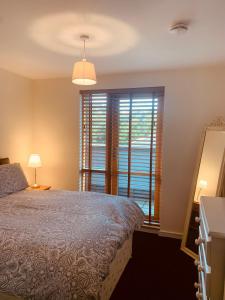 a bedroom with a bed and a large window at Courthouse View Penthouse in Clifden