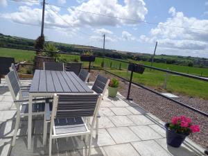 una mesa y sillas en un patio con vistas a un campo en Teach na Coille B&B, en Midleton