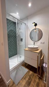 uma casa de banho com um lavatório e um chuveiro com um espelho. em Appartement au coeur de la Suisse normande em Thury-Harcourt