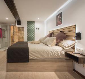 een slaapkamer met een groot bed en een inloopdouche bij Emilysuites - Malaga Centro Historico in Málaga