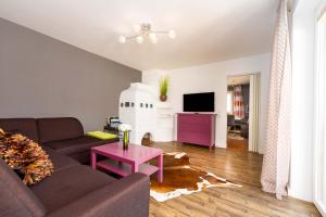 ein Wohnzimmer mit einem Sofa und einem TV in der Unterkunft Appartement Am Tatscherlehen in Piesendorf