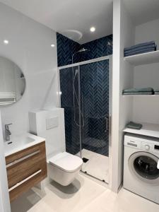 uma casa de banho com um WC e uma máquina de lavar roupa em Charmant 2 Pièces em Antibes
