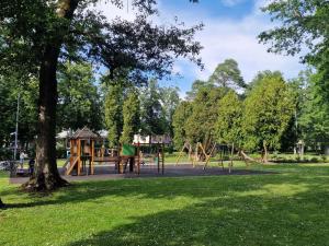 a playground in a park with a large tree at OZO Estrade No2 MINI apartment in Jūrmala