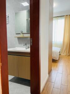 łazienka z umywalką i łóżkiem w pokoju w obiekcie Victoria Entire Apartment With Gym and Pool w mieście Dar es Salaam