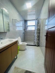łazienka z toaletą, umywalką i wanną w obiekcie Victoria Entire Apartment With Gym and Pool w mieście Dar es Salaam