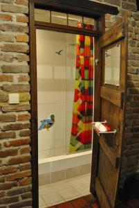 ein Bad mit einer Dusche und einer Glastür in der Unterkunft Le Chat Roi - Charneux in Herve