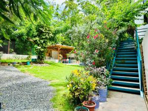 a garden with a bunch of flowers and stairs at Palmare House in San Andrés