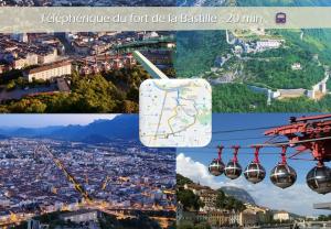 un collage de photos d'une ville et d'une remontée mécanique dans l'établissement L'olivier - Appartement moderne et chaleureux - TRAM et PARC, à Grenoble
